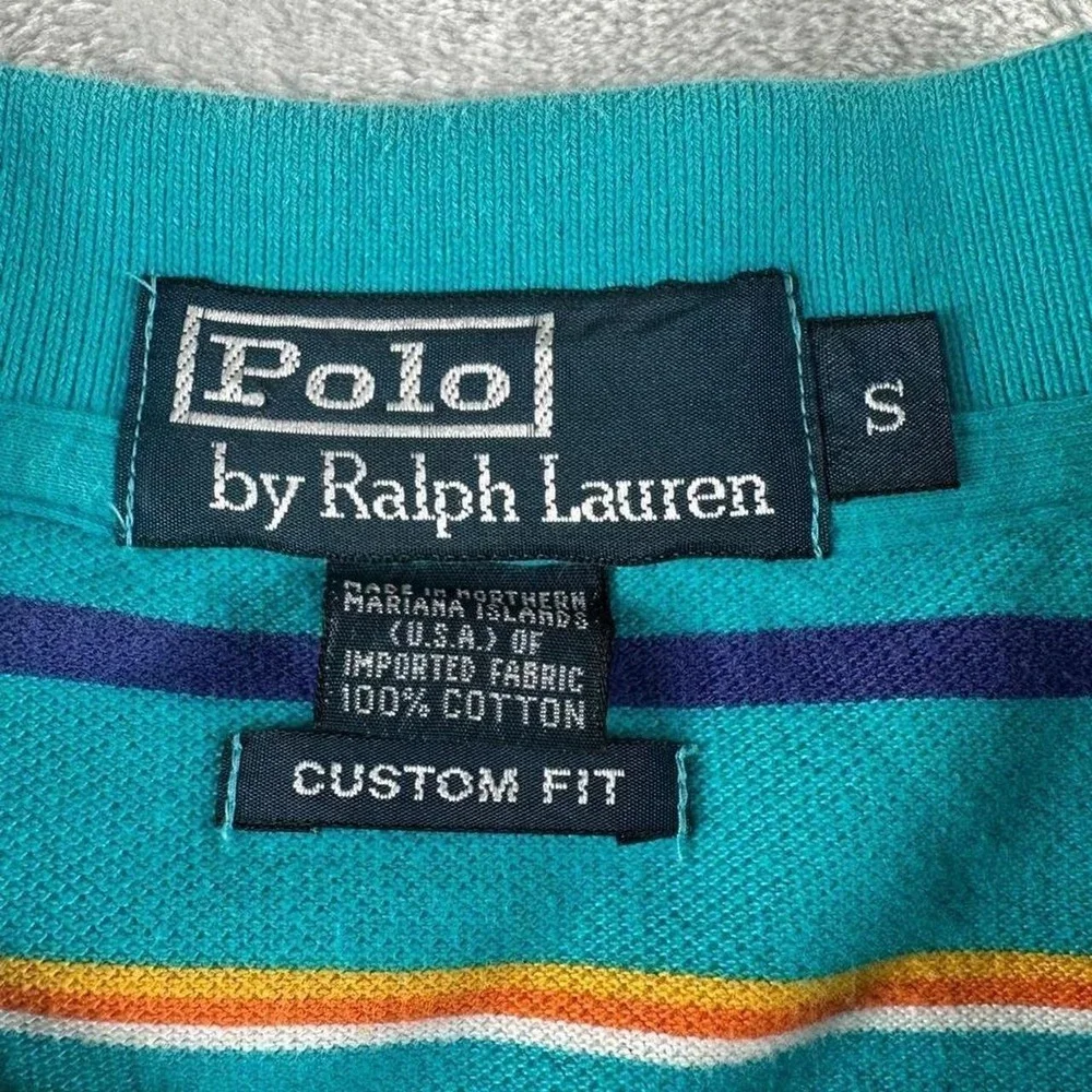 VTG Polo Ralph Lauren Shirt Mens S Teal Blue 90s Multi Stripe Pique Custom Fit